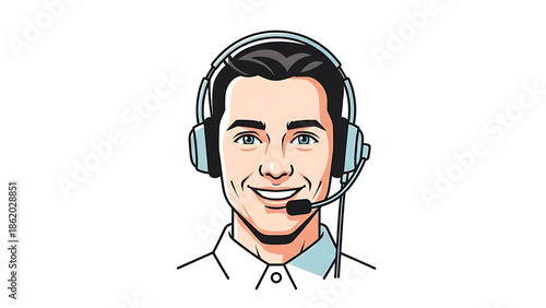 A young salesman wearing headphones and smiling while providing customer service.
