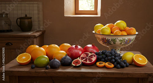 Assorted fruits arranged on a wooden table in a cozy kitchen setting with natural light