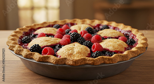 Freshly baked berry pie with mixed berries and pastry crust on a wooden table viewed from the side