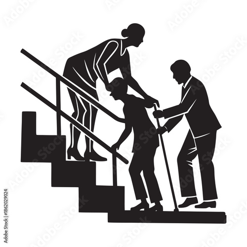 Family Assisting Elderly Walking Up Stairs