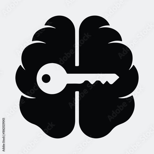 Silhouette human brain with key symbolizing intelligence thought and knowledge vector illustration