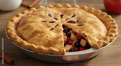 A freshly baked mixed berry pie with a slice removed, showcasing the filling on a wooden table