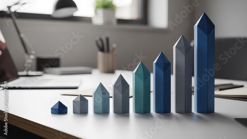 A collection of blue and gray 3d bar graphs on a white desk in an office setting with a window with business