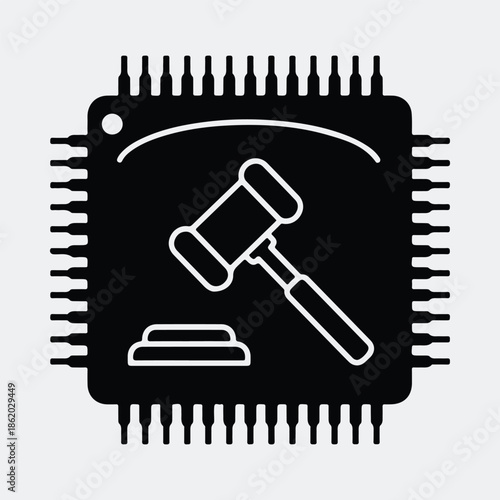 Silhouette microchip with gavel icon representing digital law and justice vector illustration