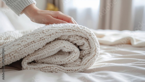 Close-up of a person's hand neatly rolling up a soft, white knitted blanket on a clean bed with white sheets in a bright bedroom.
