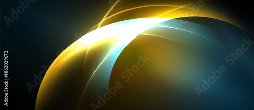 Abstract design features curved lines, vibrant colors. Gold, teal hues blend creating luminous effect. Modern, dynamic composition.