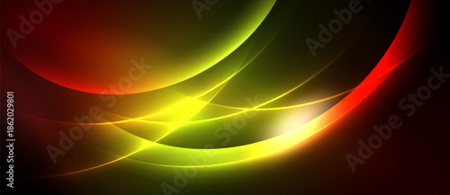 Abstract vibrant curves, flowing lines. Bright colors blend, creating dynamic energy. Dark background emphasizes luminosity.