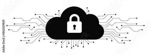 Cloud Security Icon – Secure Cloud Storage, Data Protection, Cybersecurity Network, Lock Symbol Vector Illustration