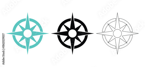Compass Rose Icon Set – Navigation Symbol, Direction Indicator, Wind Rose, Color and Outline Vector Collection