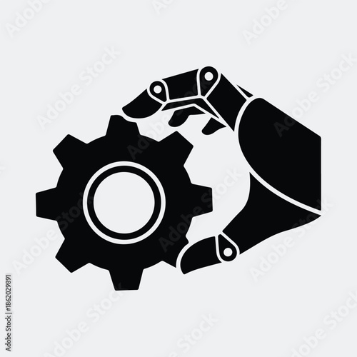 Silhouette robotic hand holding a gear icon industrial technology concept vector illustration