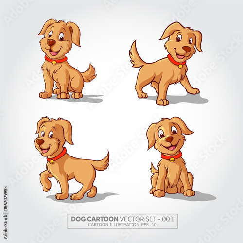 Set of Cartoon Puppy Poses with Red Necklace, vector illustration image.