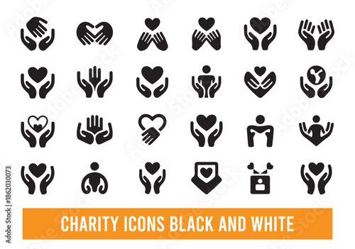 Charity and Donation Icons Black and White, Helping Hands and Humanitarian Support Vector Set