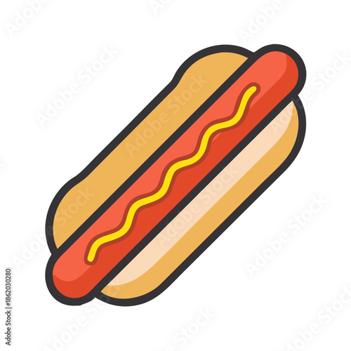 colorful cartoon hot dog with mustard in a bun
