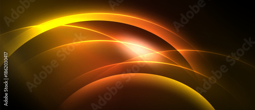 Abstract design features vibrant orange, yellow curves. Light radiates from central point, creating dynamic visual effect. Dark background enhances luminosity.