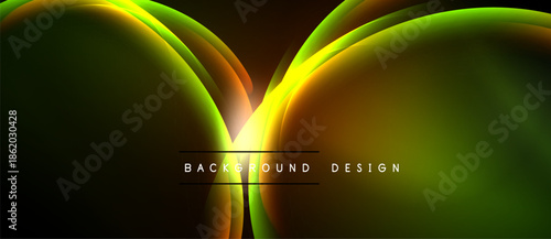 Abstract design features flowing green, yellow shapes. Dark background emphasizes luminous curves, creating dynamic visual effect. Text reads background design.