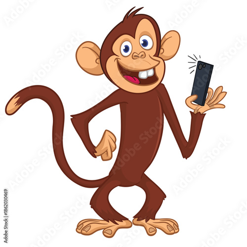 Cartoon funny brown monkey chimpanzee making selfie with the phone. Vector illustration isolated on white