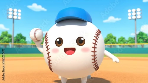 Cute animated baseball character with a blue cap on a baseball field, smiling and waving, with stadium lights in the background under a clear blue sky.