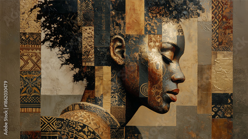 Geometric mosaic of African woman with natural hair