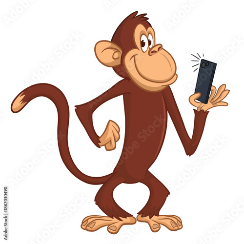 Cartoon funny brown monkey chimpanzee making selfie with the phone. Vector illustration isolated on white