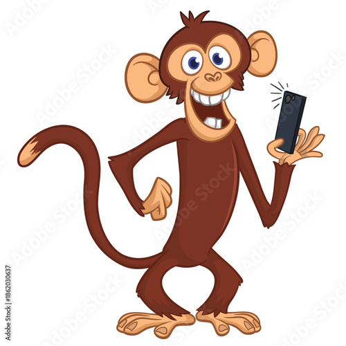 Cartoon funny brown monkey chimpanzee making selfie with the smartphone