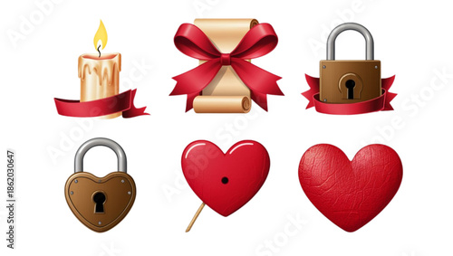 Romantic Love Vector Icons Set with Hearts Candle Lock and Ribbon on White Background