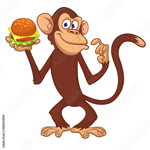 Cartoon funny monkey chimpanzee holding hamburger or cheesburger in his hands. Vector illustration of happy monkey character design isolated.
