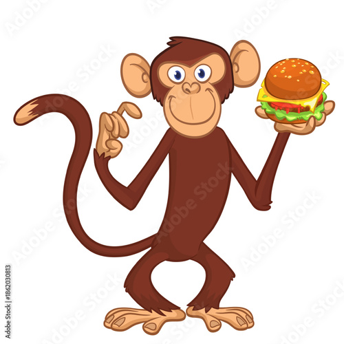 Cartoon funny monkey chimpanzee holding hamburger or cheesburger in his hands. Vector illustration of happy monkey character design isolated.