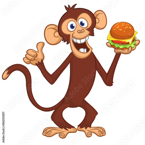 Cartoon funny monkey chimpanzee holding hamburger or cheesburger in his hands. Vector illustration of happy monkey character design isolated.
