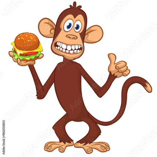 Cartoon funny monkey chimpanzee holding hamburger or cheesburger in his hands. Vector illustration of happy monkey character design isolated.