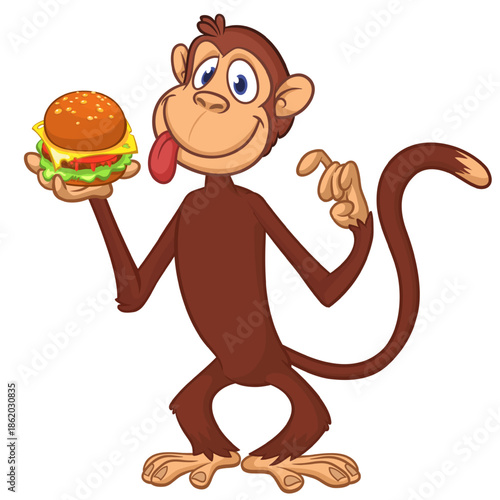Cartoon funny monkey chimpanzee holding hamburger or cheesburger in his hands. Vector illustration of happy monkey character design isolated.