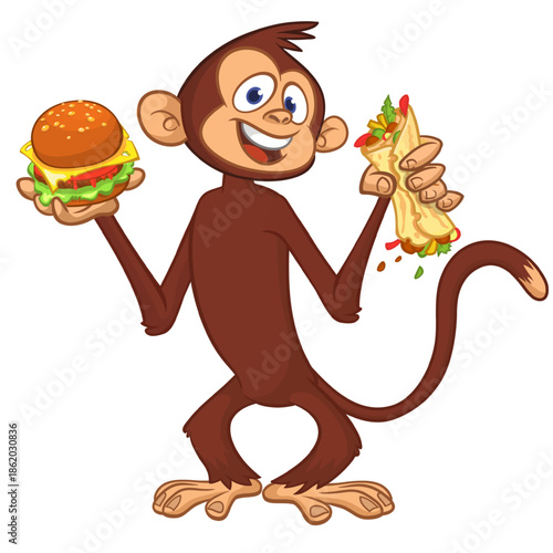 Cartoon funny monkey chimpanzee holding falafel or kebab and hamburger in his hands. Vector illustration of happy monkey character design isolated.