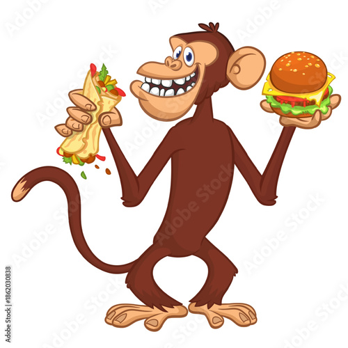 Cartoon funny monkey chimpanzee holding falafel or kebab and hamburger in his hands. Vector illustration of happy monkey character design isolated.