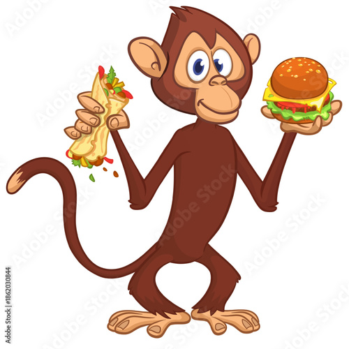 Cartoon funny monkey chimpanzee holding falafel or kebab and hamburger in his hands. Vector illustration of happy monkey character design isolated.