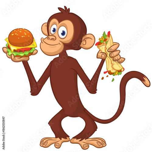 Cartoon funny monkey chimpanzee holding falafel or kebab and hamburger in his hands. Vector illustration of happy monkey character design isolated.