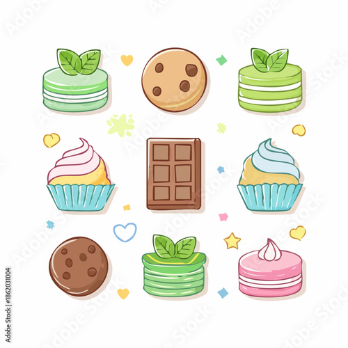 Pastel hand-drawn chocolate mint icon set suitable for February flavor themes
