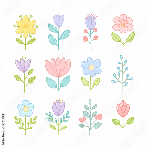 Soft pastel floral icon set designed for February’s subtle seasonal themes