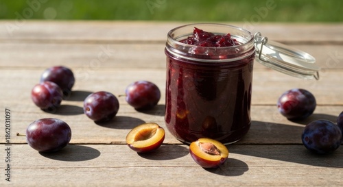 A jar of homemade preserve sits on weathered wood, surrounded by ripe, dark plums