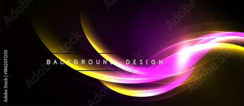 Abstract design features vibrant yellow, purple light streaks. Dark background enhances glowing curves, creating dynamic visual effect.