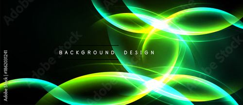 Abstract luminous curves, vibrant green hues, bright yellow center. Dark background creates dramatic visual effect. Modern design element.