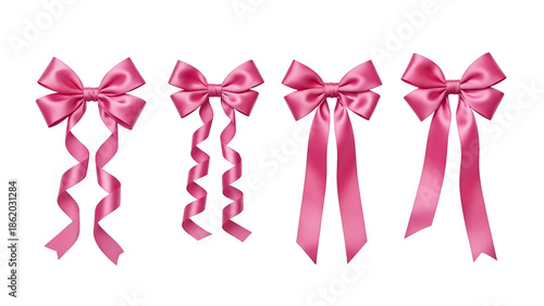 Beautiful pink satin ribbon bows set on white background