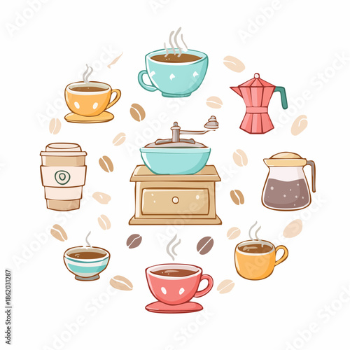 Pastel hand-drawn icon set of coffee items icons including tiny bean doodles coffee cup steam swirl moka pot scoop soft outline white background kawaii