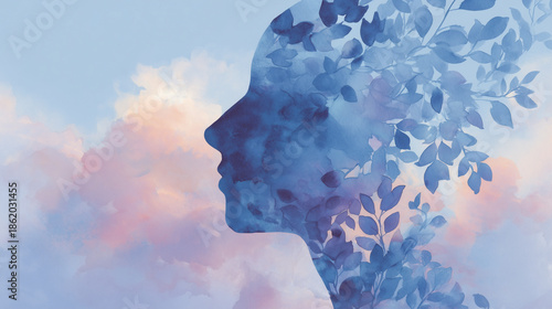 Abstract watercolor silhouette of human face with leaves, nature and mind connection, calm mental health and mindfulness concept