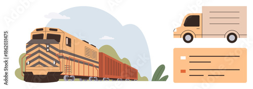 Cargo train on tracks, compact delivery truck, checklist depiction. Ideal for logistics, freight, supply chain, transport, delivery infrastructure shipping. Represents simple flat metaphor