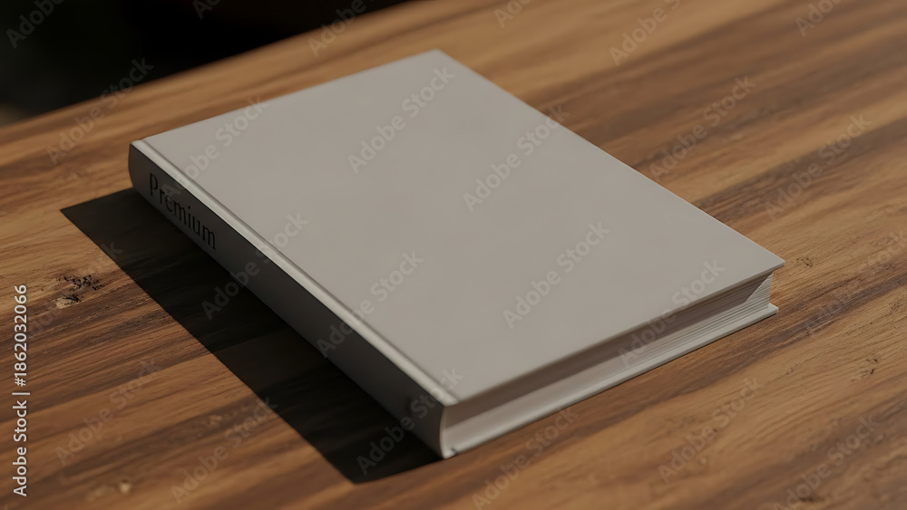 Fototapeta premium Premium book on wooden table in natural light setting minimalist design