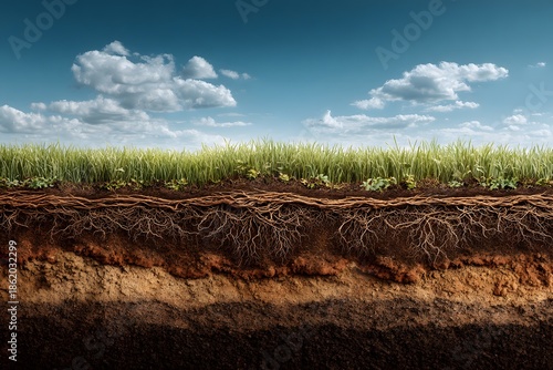 Cross-section view of fertile soil layers with green wheat grass growing on top showing visible root systems and rich brown texture.