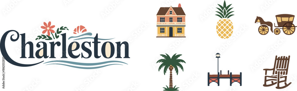 Obraz premium A coastal vector illustration featuring iconic charleston elements including houses, palm