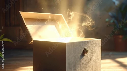 Mysterious wooden box emitting bright light, creating a sense of wonder and anticipation.