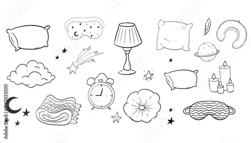 Sleep set hand drawn night symbols doodle. Pillow line bedroom relax, sleeping mask, stars and moon. Warm cozy clothes, socks. Sleepy mood, 