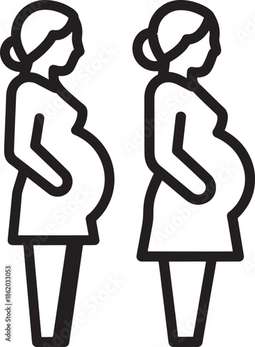 Two pregnant women icons side view, black and white outline