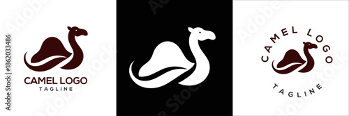 Minimalist Camel Logo Design Template Set in Black, White, and Brown with Editable Text and Tagline for Branding